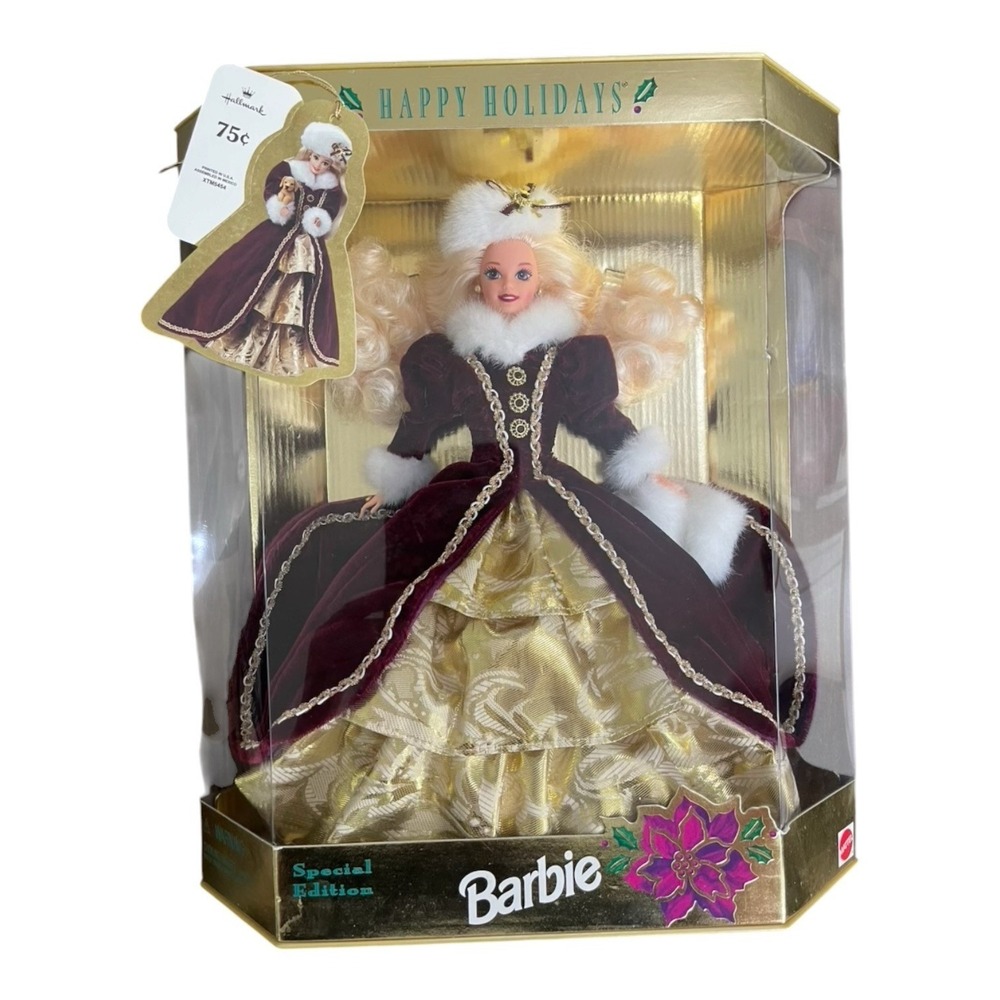 Mattel Barbie Happy Holidays 1996 Special Edition Doll Burgundy Gold Dress 12in